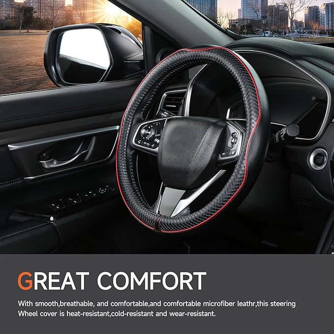 Car Steering Wheel Cover，Anti-Slip, Safety, Soft, Sports Style, Leather Steering Wheel Cover for Men Women, Adaptable to 14.5-15 inches Steering Wheel (Black with Red line)