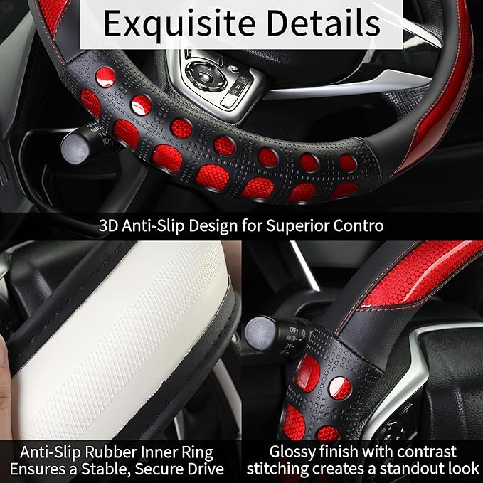Leather Car Steering Wheel Cover with Anti-Slip Grip, for Women and Men, Universal Fit for 14.5-15 Inch Cars, Trucks, SUVs (Red (Round), Medium(Standard) Size[14 1/2''-15''])