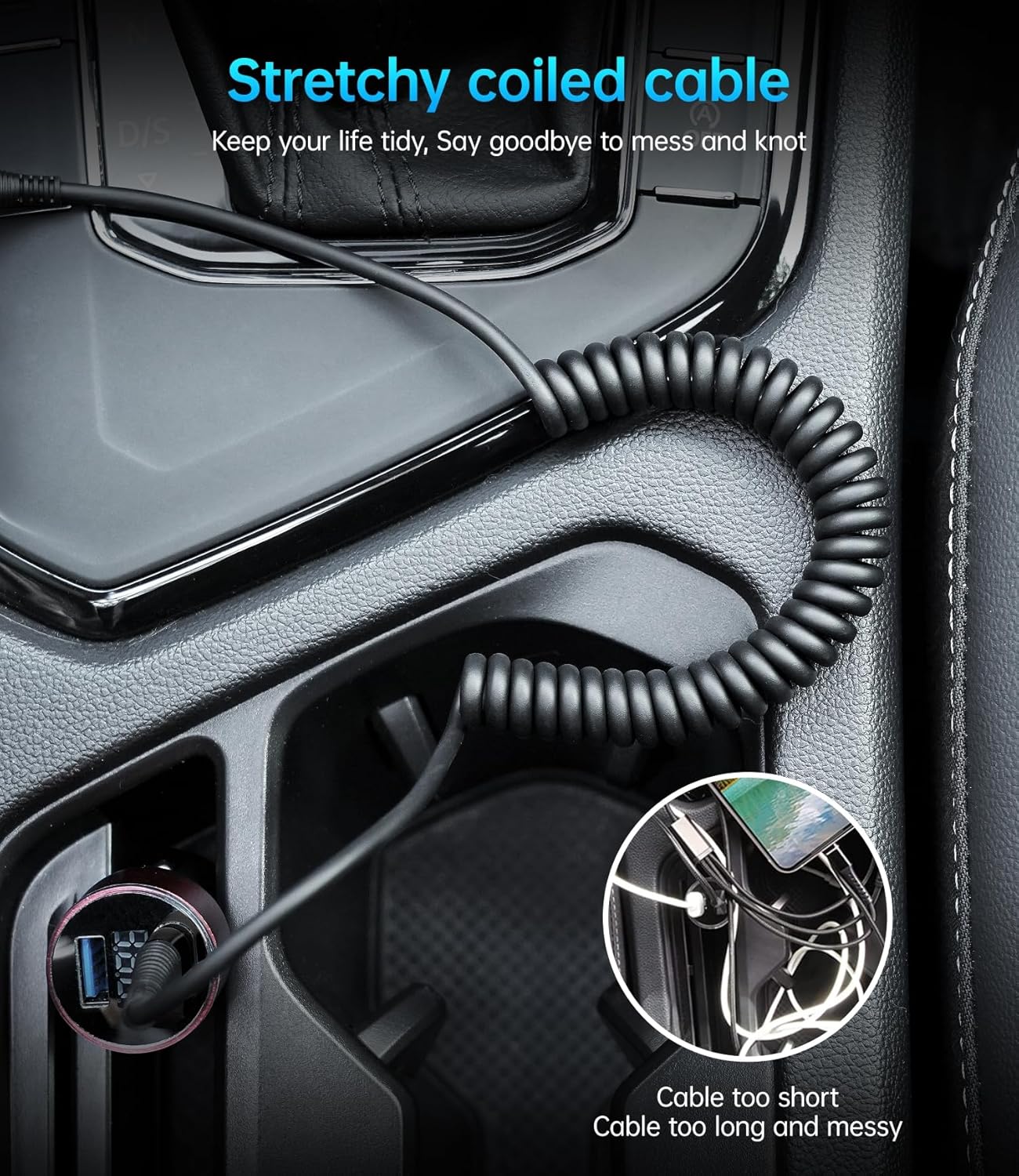 USB C to C Cable 100W 3FT for Car, Coiled USB C Cable Fast Charging for iPhone 16, Short USB Type C Cable for iPhone 15/Pro Max/Plus/Samsung Galaxy S23, Compatible All Type C Devices -Black