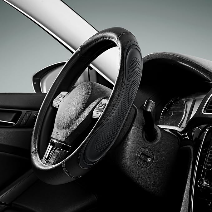 Road Comforts Car Steering Wheel Cover - Microfiber Leather Steering Wheel Wrap Sports 14.5-15 Inch Steering Wheel Cover Non-Slip for Men Women Black Color