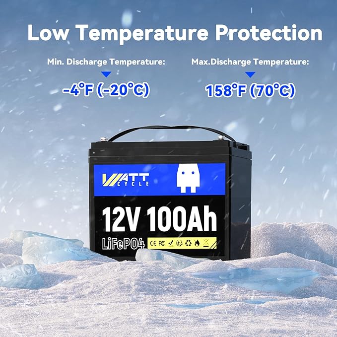 WattCycle 12V 100Ah LiFePO4 Battery, BCI Group 24, 15000 Deep Cycles, Built-in 100A Smart BMS, Low-Temperature Protection, Grade A for RVs, Golf Cart, Marine, Home Energy Storage, Solar Systems