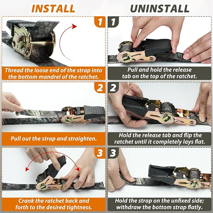 Ratchet Tie Down Strap 8-Pack 15 FT - 500 lbs Load Cap with 1500 lbs Breaking Strength Limit, Ohuhu Ratchet Tie Down Logistic Cargo Straps for Moving Appliances Cargo Motorcycle Lawn Equipment