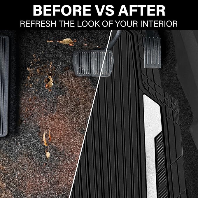 CAR PASS Heavy Duty Rubber Car Mats Metallic,Aluminum Film All Weather Floor Mats Waterproof Universal Trim to Fit SUVs Sedans Vans 4 Piece Anodized Deep Dish Two-Tone Sporty Black White Chrome