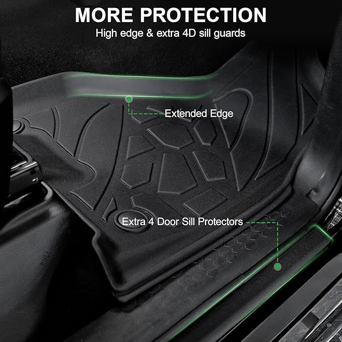 Floor Mats Fit for 2013-2018 Dodge Ram 1500/2500/3500 Crew Cab & 2019-2024 Dodge Ram 1500 (Only Classic Body) Crew Cab All Weather TPE Car Liner, & Door Sill Guards Accessories