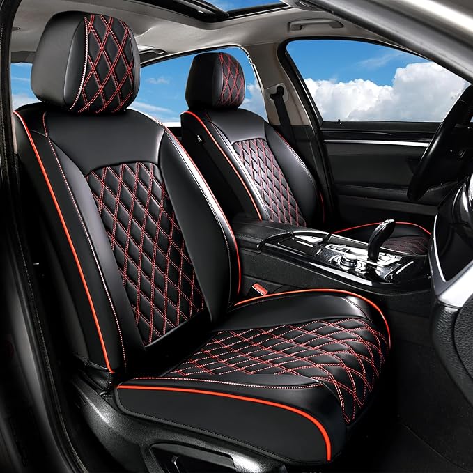 Huidasource Front Seat Covers, Full-Cover Leather Driver Seat Cover, Side Stretch Fabric, Car Interior Front Seat Cover Universal Fit for Most Cars, Most Cars,Vans,Trucks, SUVs (Front Pair/Black&Red)