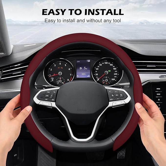 frani Nappa Leather Steering Wheel Cover, Universal 15 Inch Premium Non-Slip Steering Wheel Cover Wine Red