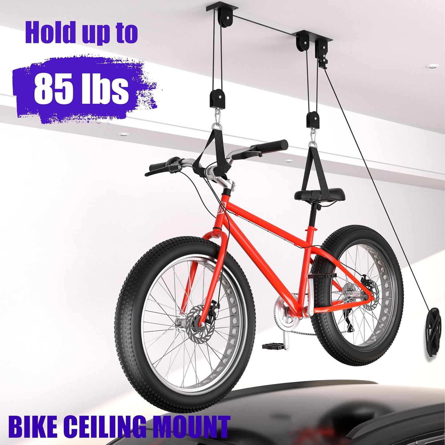 Bike Hoist, Heavy Duty Bike Pulley System for Garage Ceiling Bicycle Hanger, Bike Lift Overhead Storage Holds Up to 85 lbs Capacity, Fit 10-16 Foot Ceilings, Black