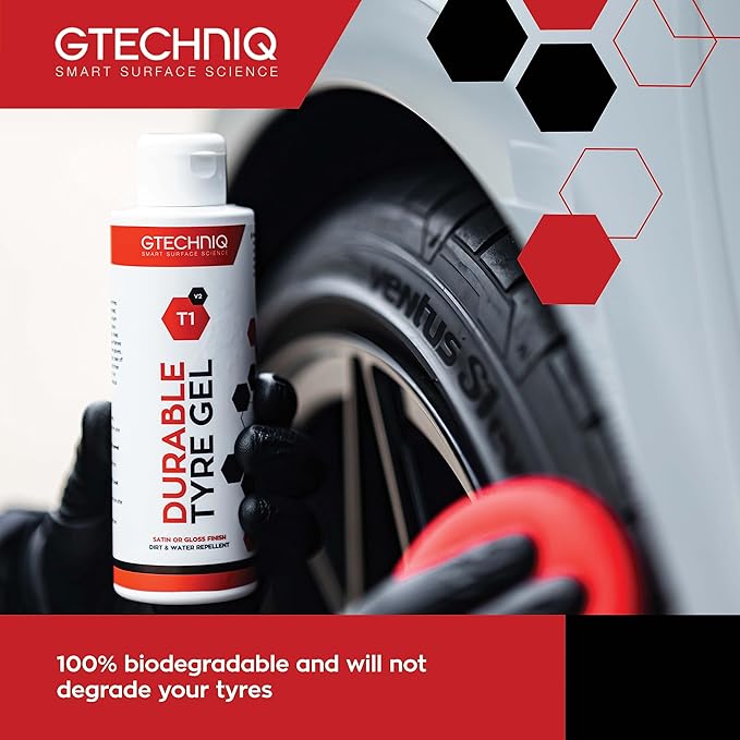 Gtechniq T1 Durable Tyre Gel for Car Tyre Shine, Car Wheel Cleaner Repels Water, Dirt and Grime, Restores Tyre Black Finish, Anti-Sling Formula, 100% Biodegradable, 1L