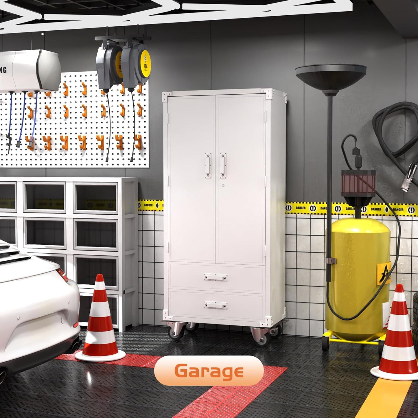 Rolling Storage Cabinet with 2 Doors and 2 Drawers, Heavy Duty Metal Storage Cabinet with Shelves, Locking Steel Cabinet for Warehouse, Home, Office (White)