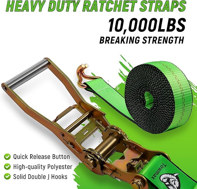 2"x20' Ratchet Straps with J Hooks - 10,000lb Break Strength/ 3,333lb Load Capacity Ratchet Tie Down Strap - Ratchet Straps Heavy Duty - Cargo Straps for Truck, Lawn Equipment, Car Roof, 4 Pack(Green)