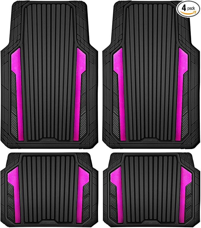 CAR PASS Heavy Duty Rubber Car Mats Metallic, Aluminum Film All Weather Floor Mats Waterproof Universal Trim to Fit for SUV Sedan Van 4 Piece Anodized Deep Dish Two-Tone Sporty Black Hot Pink Chrome