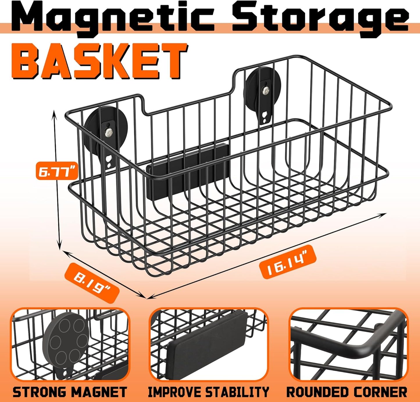 ULIBERMAGNET Magnetic Baskets, Large Capacity Metal Wire Mesh Basket Holder Organizer for Sundry Tool Storage, Magnetic Shelf for Garage, Laundry, Kitchen, Workshop, Cabinet(2 Pack)