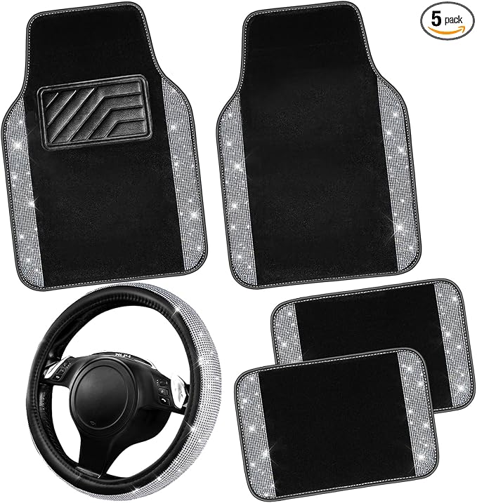 CAR PASS Bling Diamond Leather Steering Wheel Cover 14.5in-15in Floor Mats Shining Rhinestone Carpet Sparkly Glitter Crystal Anti-Slip Pad Fit Automotive SUV Pickup Truck Girl Women, 5pcs Black Sliver