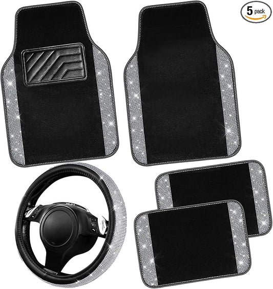 CAR PASS Bling Diamond Leather Steering Wheel Cover 14.5in-15in Floor Mats Shining Rhinestone Carpet Sparkly Glitter Crystal Anti-Slip Pad Fit Automotive SUV Pickup Truck Girl Women, 5pcs Black Sliver