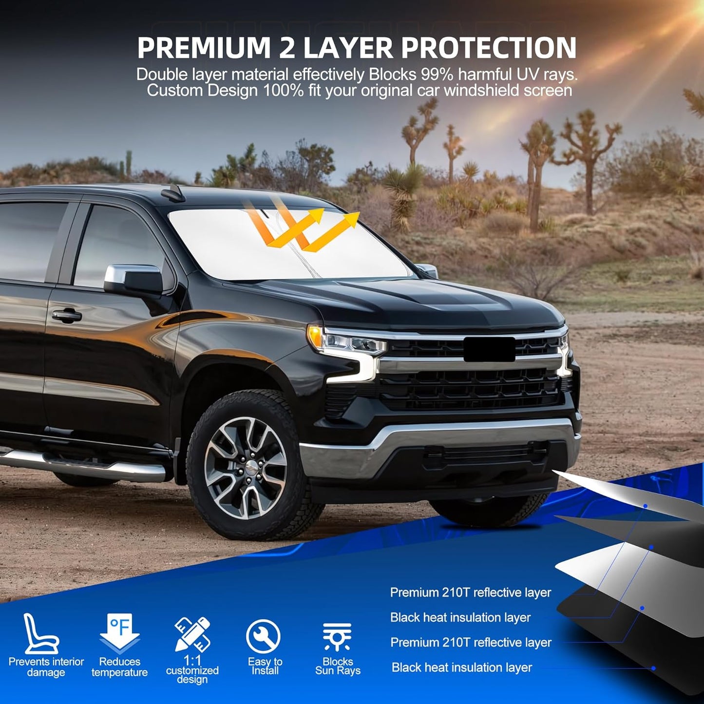 Windshield Sun Shade for Silverado 1500 2019-2025 2026 Foldable Sunshade Custom Fit Front Window Car Interior Accessories Protector Blocks UV Rays