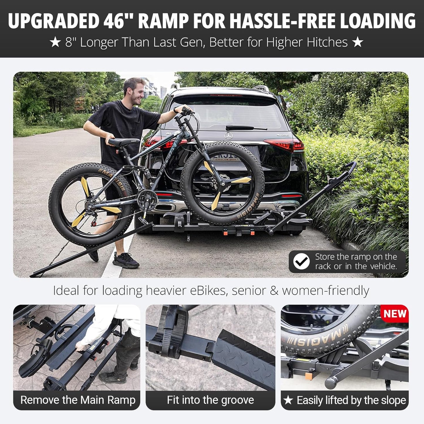 TrailV2 Plus Hitch 2 Ebike Rack with Ramp, Tilt, Fold, Anti-Theft Hitch & Wheel Locks, Heavy Duty 170 lbs Capacity, Fits 2" Receiver, Max 5" Fat Tires, Electric Bike Rack for for Car, SUV, Truck, RV