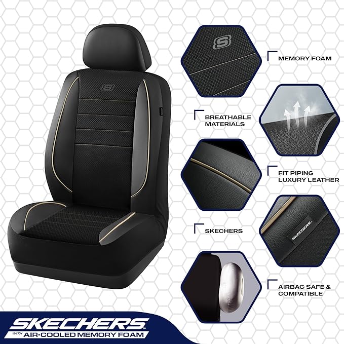 Skechers Air-Cooled Memory Foam Seat Cover, Mesh Thick Car Seat Covers,Piping Leather Car Seat Cover Full Sets,Airbag Compatible,Automotive Comfort Universal Fit Most Cars,Vans,Trucks,SUV,Beige