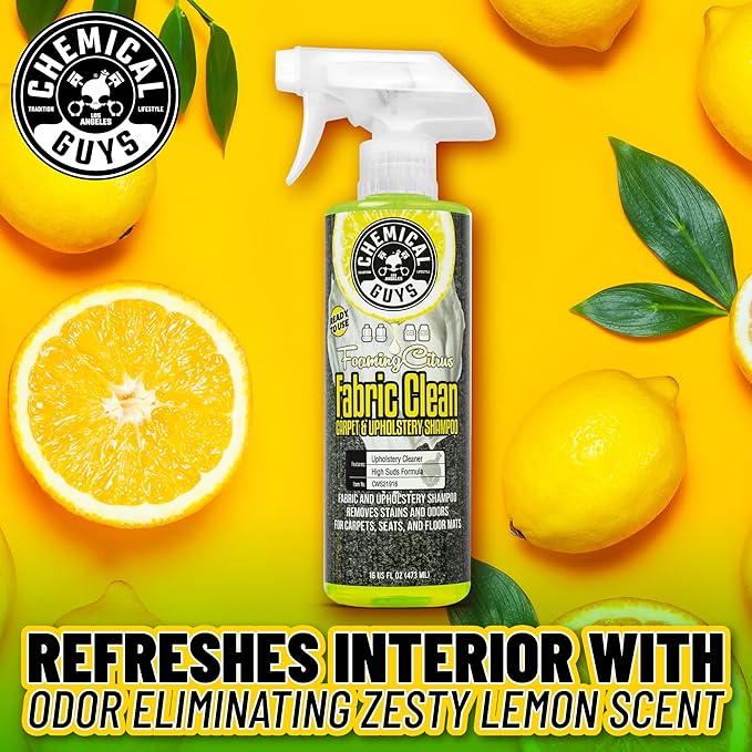 Chemical Guys Sprayable Citrus Fabric Clean Carpet & Upholstery Cleaner (Car Carpets, Seats & Floor Mats), 16 fl oz, Citrus Scent + Induro 7 Heavy Duty Nifty Interior Brush - HOL463
