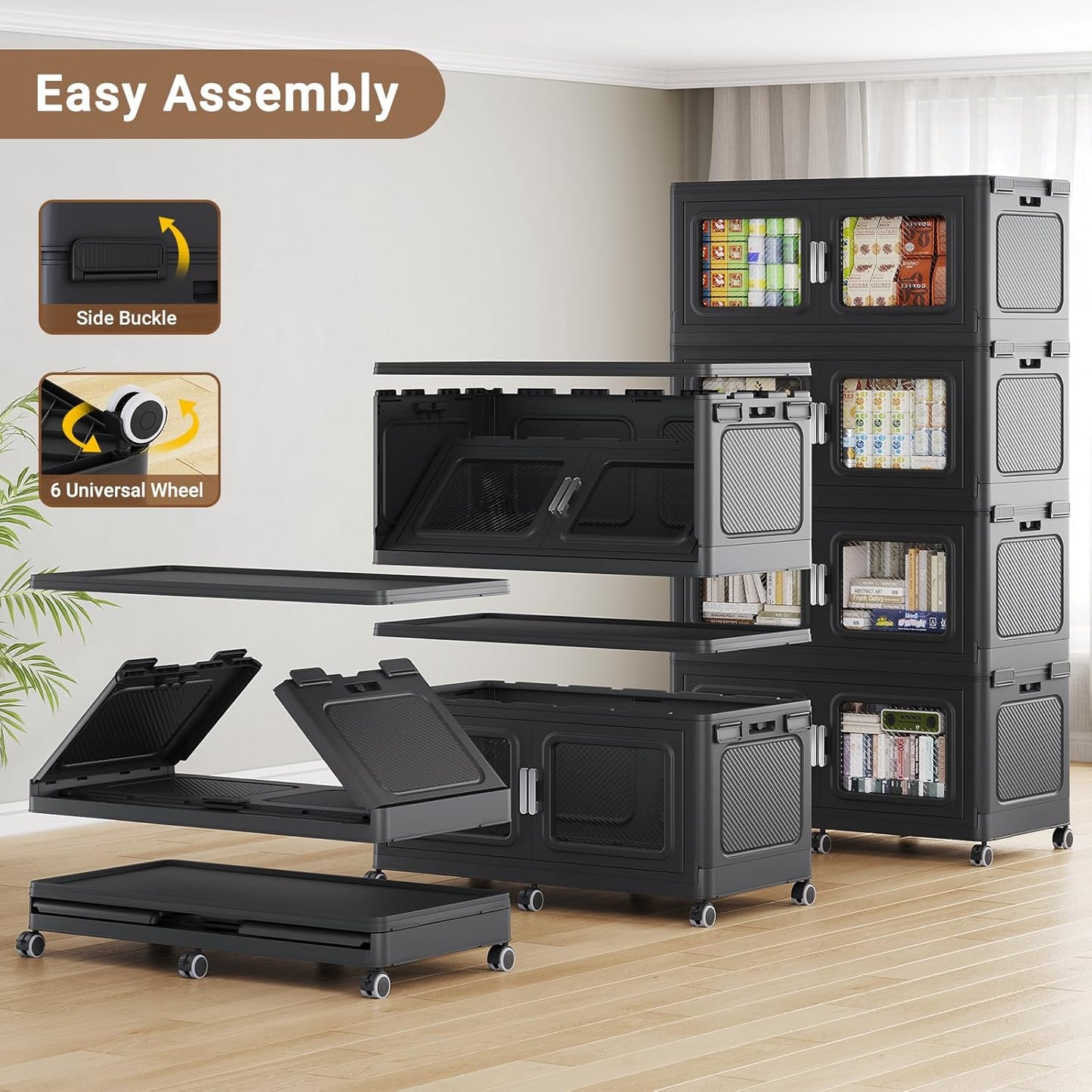 880 Qt Stackable Storage Bin with Lid, 220Gal Extra Large Collapsible Storage Boxes, Folding Plastic Drawer, Heavy-Duty Store Cabinet, Closet Organizer for Home Kitchen, 4 Pack Black