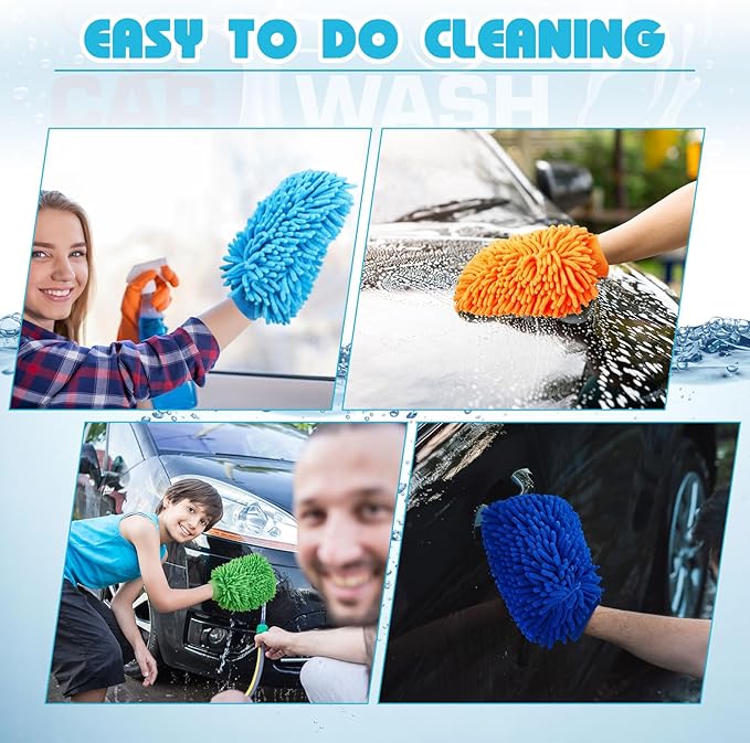 Toulite 16 Pcs Car Wash Mitt Chenille Microfiber Wash Mitt Double Sided Glove Cleaning Drying Mitts(5.91 x 9.06 Inch,Bright Colors)