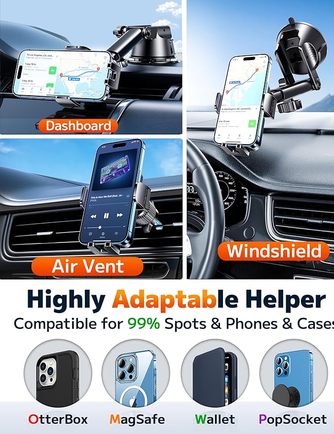 Qifutan Dash Mounted Holders Phone Holders for Your Car Phone Mount for Car Windshield Dashboard Air Vent Universal Desk Mounts Hands Free Automobile Cell Phone Holder Fit for iPhone Smartphone