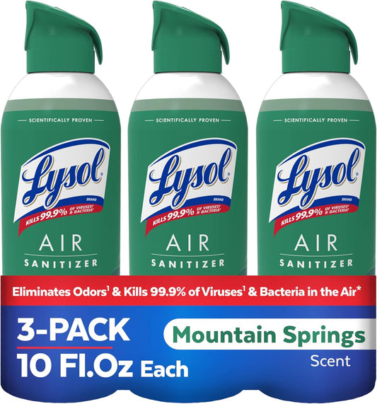 Lysol Air Sanitizer Spray with Odor Eliminator for Home & Office, Sanitizing Spray, Air Freshener Alternative, Mountain Spring Scent, 10 oz (Pack of 3)