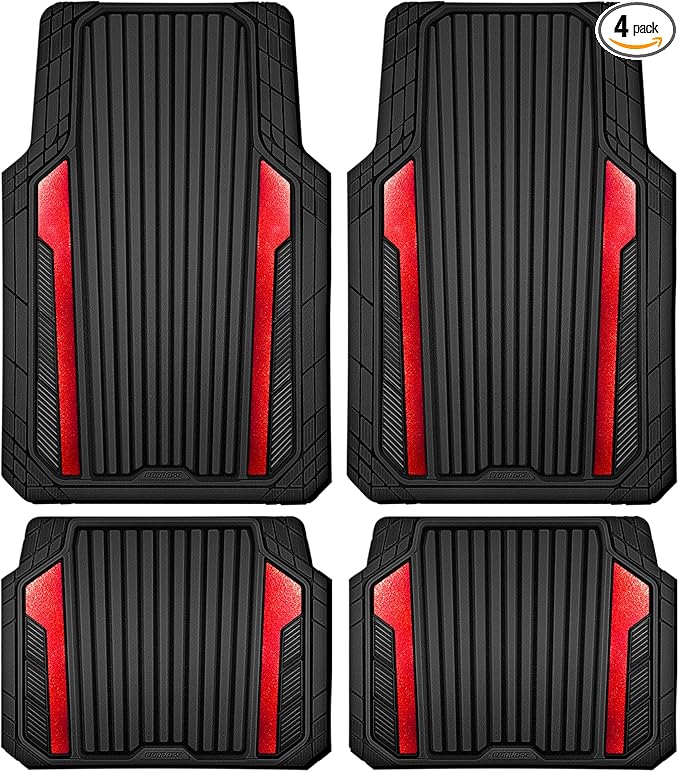 CAR PASS Heavy Duty Rubber Car Mats Metallic, Aluminum Film All Weather Floor Mats Waterproof Universal Trim to Fit Automotive SUV Sedan Van 4 Piece Anodized Deep Dish Two-Tone Sporty Black Red Chrome