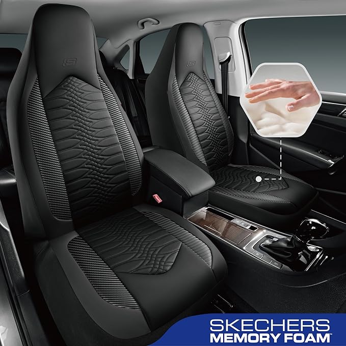 Skechers Memory Foam Car Seat Covers, Leather High Back Seat Covers Quilting Design,Waterproof Sports Car Seat Covers Full Sets,Airbag Compatible, Universal Fit for Most Cars, SUVs,Trucks,Black