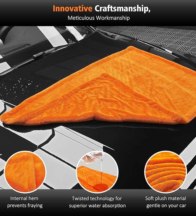 YeewayVeh 3 Pack Car Drying Towel, 24" x 36" Double Twisted Loop Car Drying Towels Extra Large, 16" x 16" Edgeless Microfiber Drying Towel and Absorbent Waffle Weave Towels for Cars Truck SUV, Orange