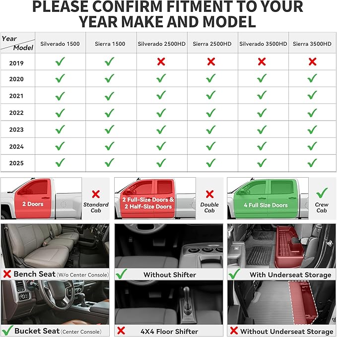 YITAMOTOR Floor Mats Compatible with 2019-2025 Chevrolet Silverado 1500/GMC Sierra 1500 & 2020-2025 Chevy Silverado/GMC Sierra 2500HD/3500HD Crew Cab with Rear Underseat Storage Box, Front Bucket Seat