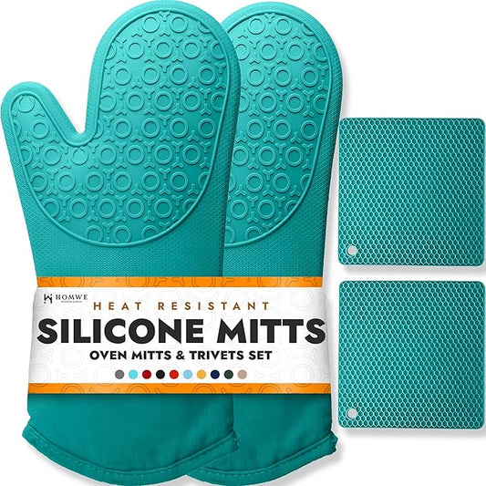 HOMWE Silicone Oven Mitts and Pot Holders, 4-Piece Set, Heavy Duty Cooking Gloves, Kitchen Counter Safe Trivet Mats, Advanced Heat Resistance, Non-Slip Textured Grip (Aqua Turquoise)