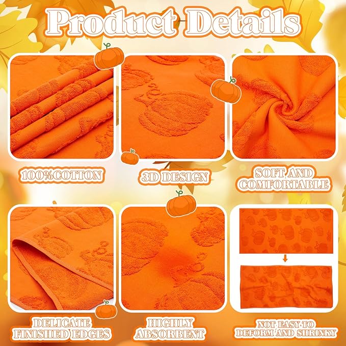 4 Pack 3D Fall Pumpkin Maple Leaf Jacquard Hand Towels for Bathroom Cotton Absorbent Fall Autumn Thanksgiving Orange Yellow Hand Towels for Holiday Decorative 14 X 30 inch
