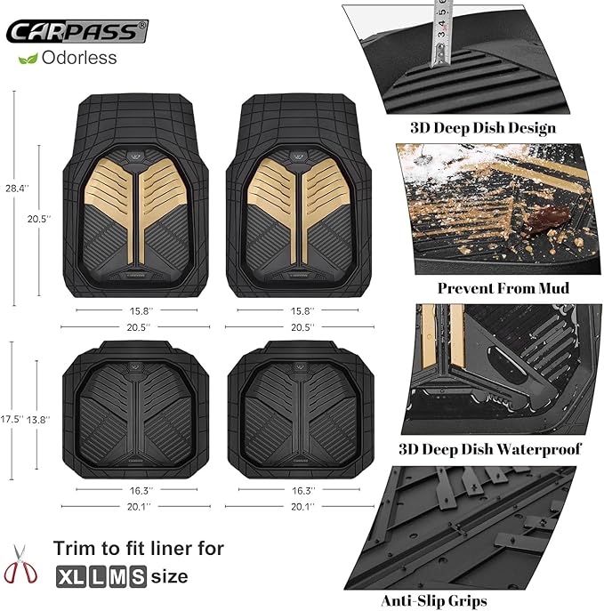 CAR PASS Heavy Duty Rubber Car Mats, Deep Dish Car Floor Mats All Weather, Car Mats Full Set 4-Piece Trim to Fit for Sedans SUVs Trucks, Waterproof Anti-Slip Automotive Mats, V12 Black Champagne Gold
