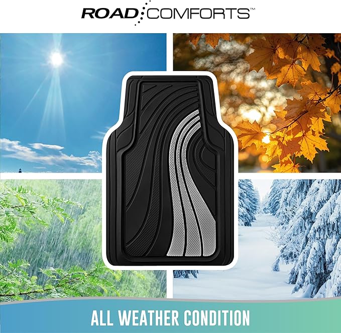 Road Comforts Car Floor Mats Full Set – Front & Rear Car Floor Mats with Aluminum Design, Anti-Slip Backing, All-Weather Protection, Trim-to-Fit Car Mats for Most Sedans, SUVs & Vans - Sliver