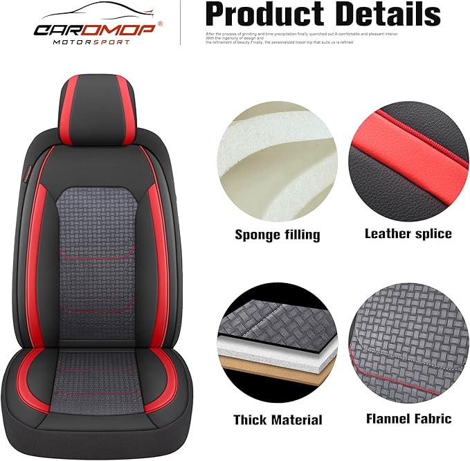 CAROMOP Premium PU Leather&Flannel Car Seat Covers Full Seats,Split Bench Compatible Car Interior Covers, Universal Fit Most Car Sedan Truck SUV(5-Seat Black/Red)
