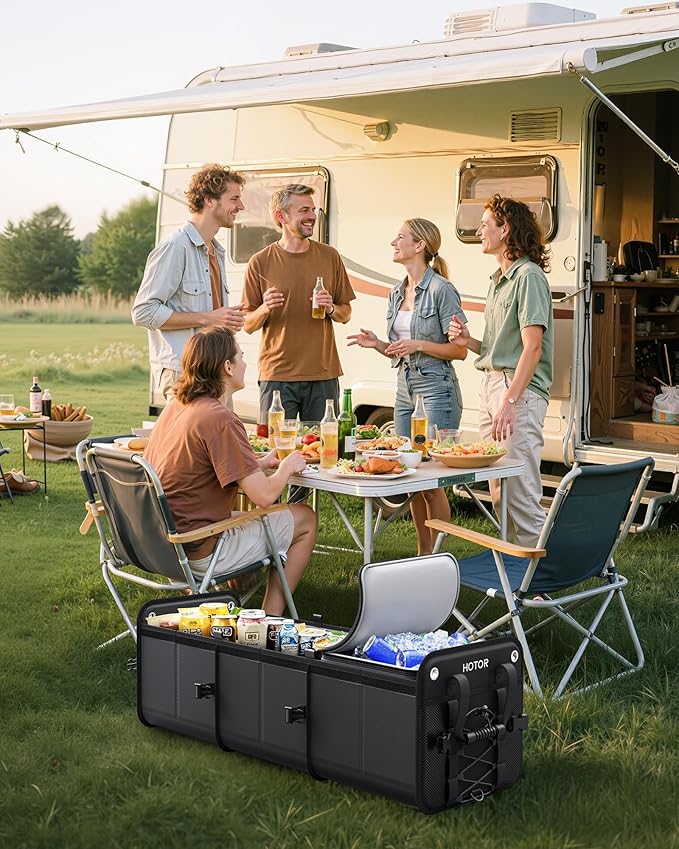 HOTOR Trunk Organizer - 3-Compartment Car Organizer and Storage with Cooler Bag, Foldable Car Storage Organizer for SUV with Handles & Strap for Shopping, Picnic, 33.1" x 13.0" x 11.8", Black