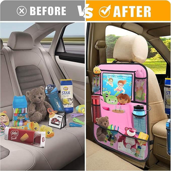 Car Backseat Organizer with 11" Table Holder, 10 Storage Pockets Seat Back Protectors Kick Mats for Kids Toddlers, Travel Accessories, 2 Pack, Pink