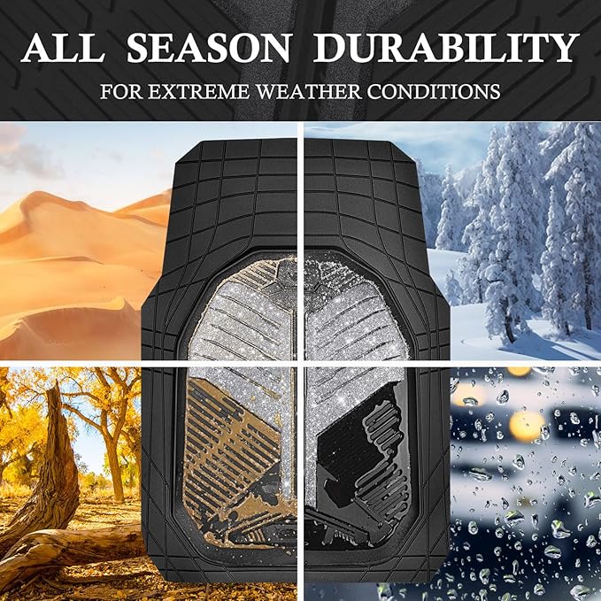 CAR PASS Heavy Duty Rubber Car Mats, Deep Dish Car Floor Mats All Weather Car Mats Full Set 4-Piece Trim to Fit for Sedan SUV Truck Sports Waterproof Anti-Slip Automotive Mats Black and Silver Glitter