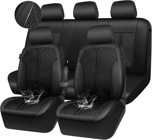 CAR PASS Leather Oxford Car Seat Covers Full Set, All-Weather Non-Slip Durable, Universal Fit for SUVs Sedans Trucks Vans Automotive, Armrest Airbag Compatible, 3D Emboss 5 Black