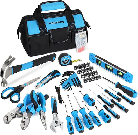 FASTPRO 220-Piece Home Tool Set, Household Repairing Tool Kit with 12-Inch Wide Mouth Open Storage Tool Bag, Blue