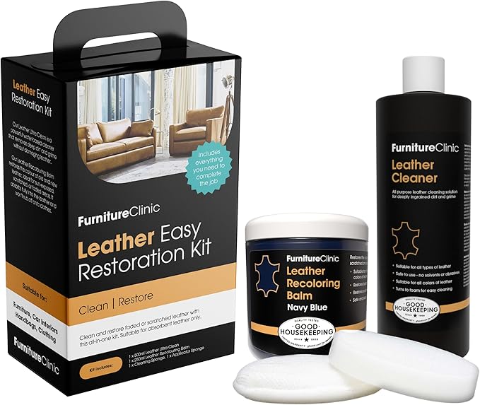 Furniture Clinic Leather Easy Restoration Kit | with Leather Recoloring Balm, Cleaner, Sponge, and Cloth | Leather Repair Kit for Scratched and Faded Furniture (Navy Blue)