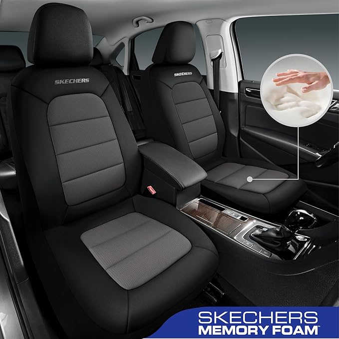 Skechers Memory Foam Car Seat Covers,Thick Cool Touch Fabric Seat Covers,Seat Cover Full Sets Airbag Compatible,Automotive Comfort Protection for Most Cars,Vans,Trucks,SUV,Grey