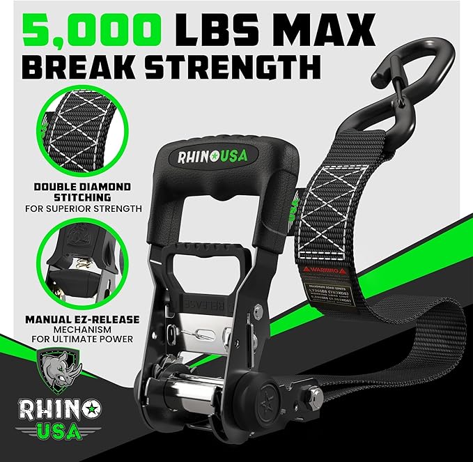 Rhino USA Ratchet Straps Heavy Duty Kit (4-Pack) - 1.6 Inch x 8 Feet Min Break Strength (5,000) - Ultimate Tie Down Straps with Safety S Hooks for Trucks, ATV, UTV, Motorcycle, Cargo & More - Black