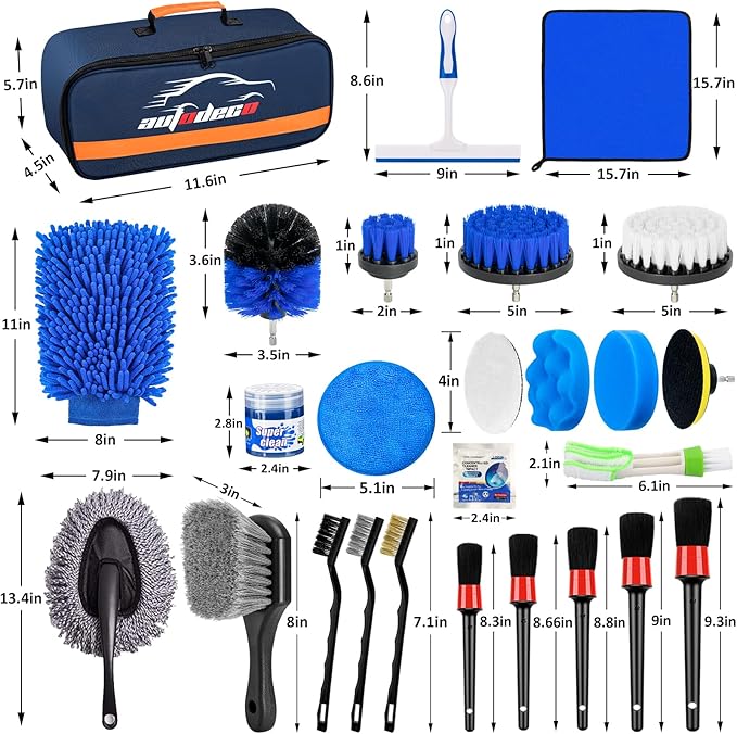 AUTODECO 31Pcs Car Detailing Brush Set, Car Detailing Kit, Auto Detailing Drill Brush Set, Car Detailing Brushes, Car Wash Cleaning Tools Kit for Interior, Exterior, Wheels, Blue