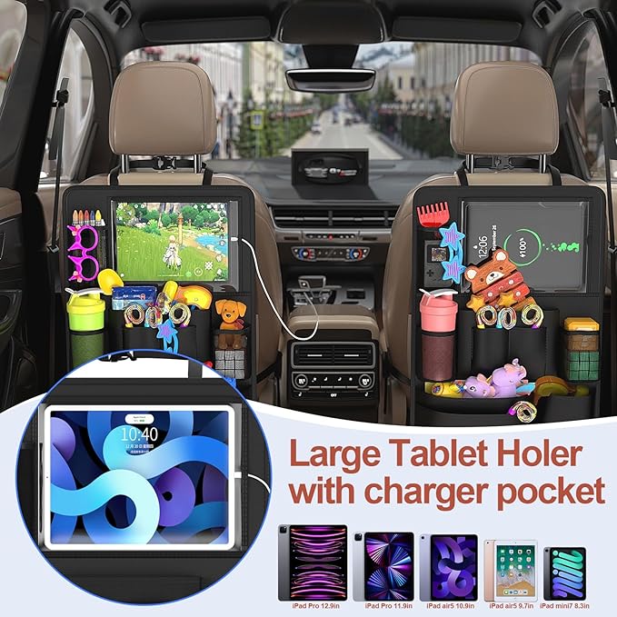 Backseat Car Organizer with Touch Screen,Kick Mats Back Seat Protector with 10 Storage Pockets,Car Seat Back Organizers Storage for Snacks Drinks Toy Umbrellas for Kids Road Trip