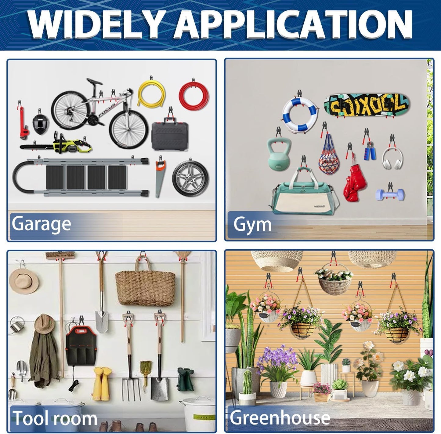 3-H Garage Wall Hooks 60 Pack, Heavy Duty Garage Hooks with Extra Welding Spots, Wall Mount Storage Organizer for Hanging Garden Lawn Tools, Ladder, Bike, WeedEater, Chair, Shovel, Blower (Red)