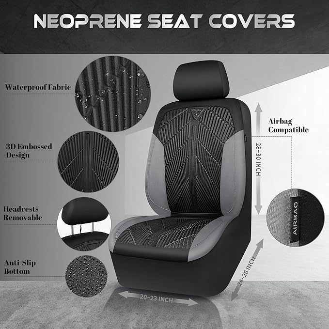 CAR PASS Waterproof Black Gray Car Seat Covers Front Seat Covers Neoprene Wetsuit,All-Weather Non-Slip Durable,Universal Fit for SUV Sedans Trucks Van Automotive,Airbag Compatible,3D Emboss Black Gray