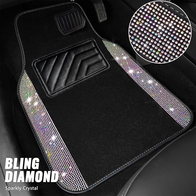 CAR PASS Bling Diamond Leather Steering Wheel Cover 14.5in-15in Floor Mats Shining Rhinestone Carpet Sparkly Glitter Crystal Anti-Slip Pad Fit Automotive SUV Pickup Truck Girl Women, 5pcs Multicolor