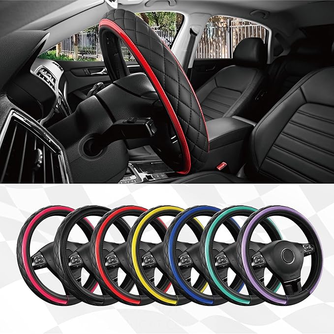 Road Comforts Leather Steering Wheel Cover – Black & Red Universal Fit 14.5-15 Inch, Microfiber Leather, Anti-Slip & Breathable Design for Men and Women