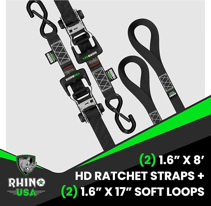 RHINO USA Ratchet Straps Tie Down Kit, 5,208 Break Strength - Includes Heavy Duty Rachet Tiedowns with Padded Handles & Coated Chromoly S Hooks + Soft Loop Tie-Downs